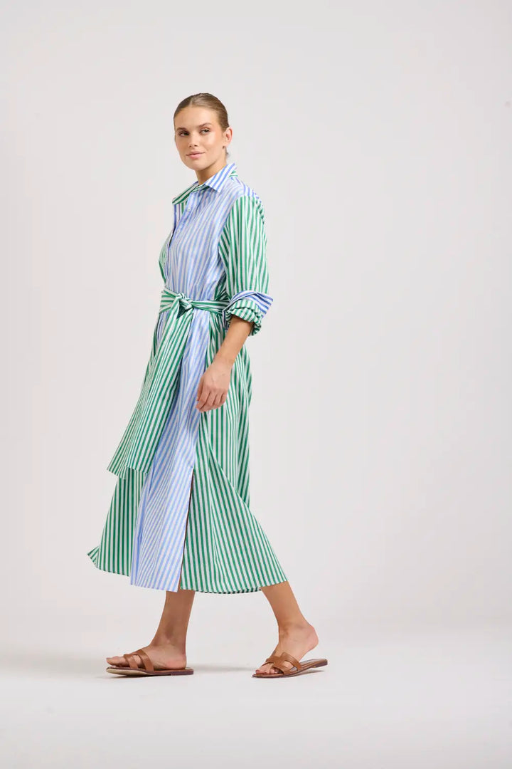 The Luna Oversized Long Shirtdress - Blue/Green Stripe Combo