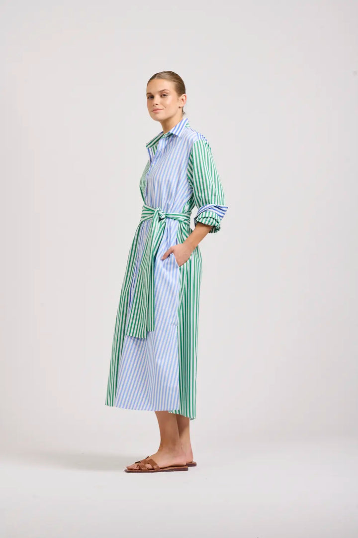 The Luna Oversized Long Shirtdress - Blue/Green Stripe Combo