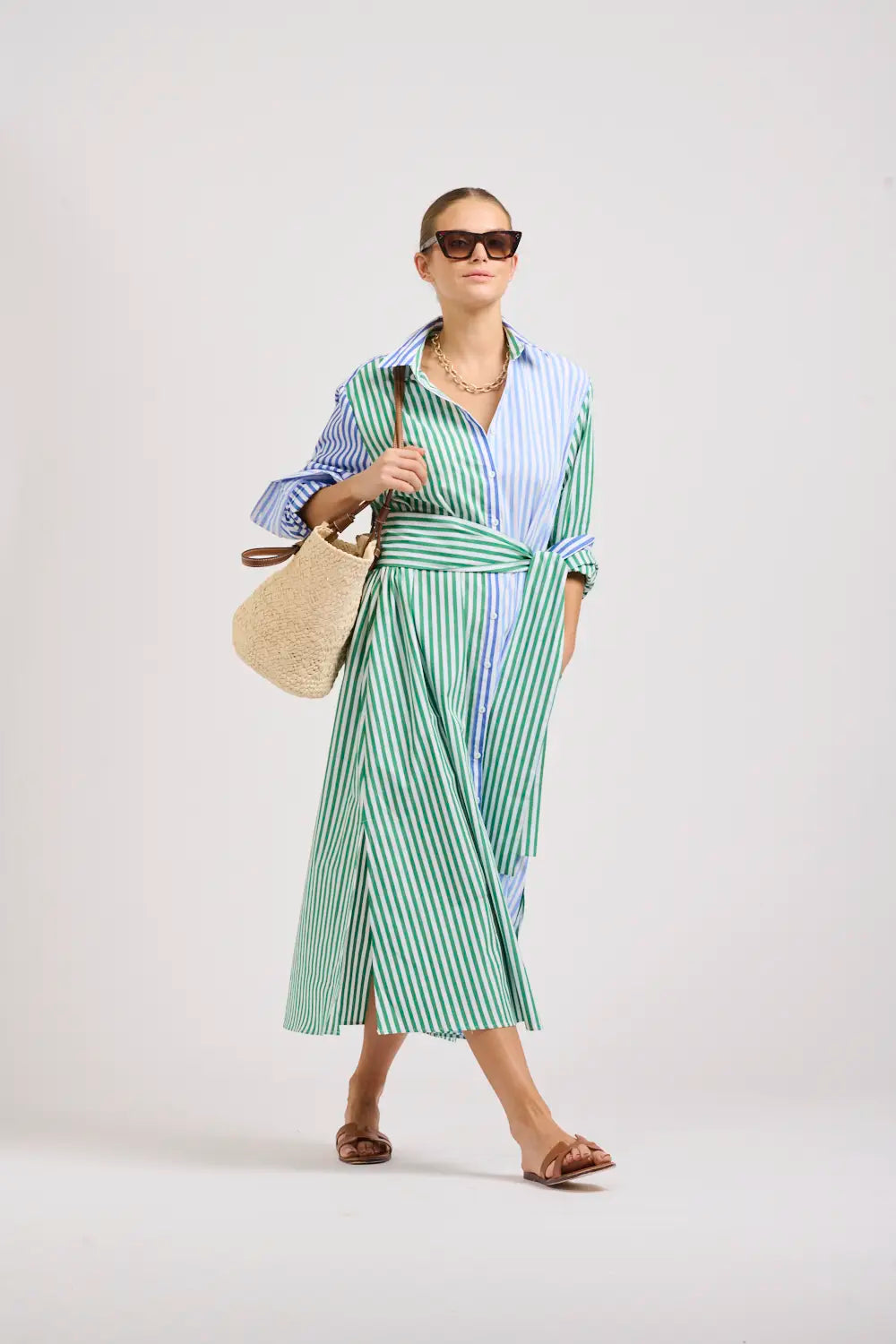 The Luna Oversized Long Shirtdress - Blue/Green Stripe Combo