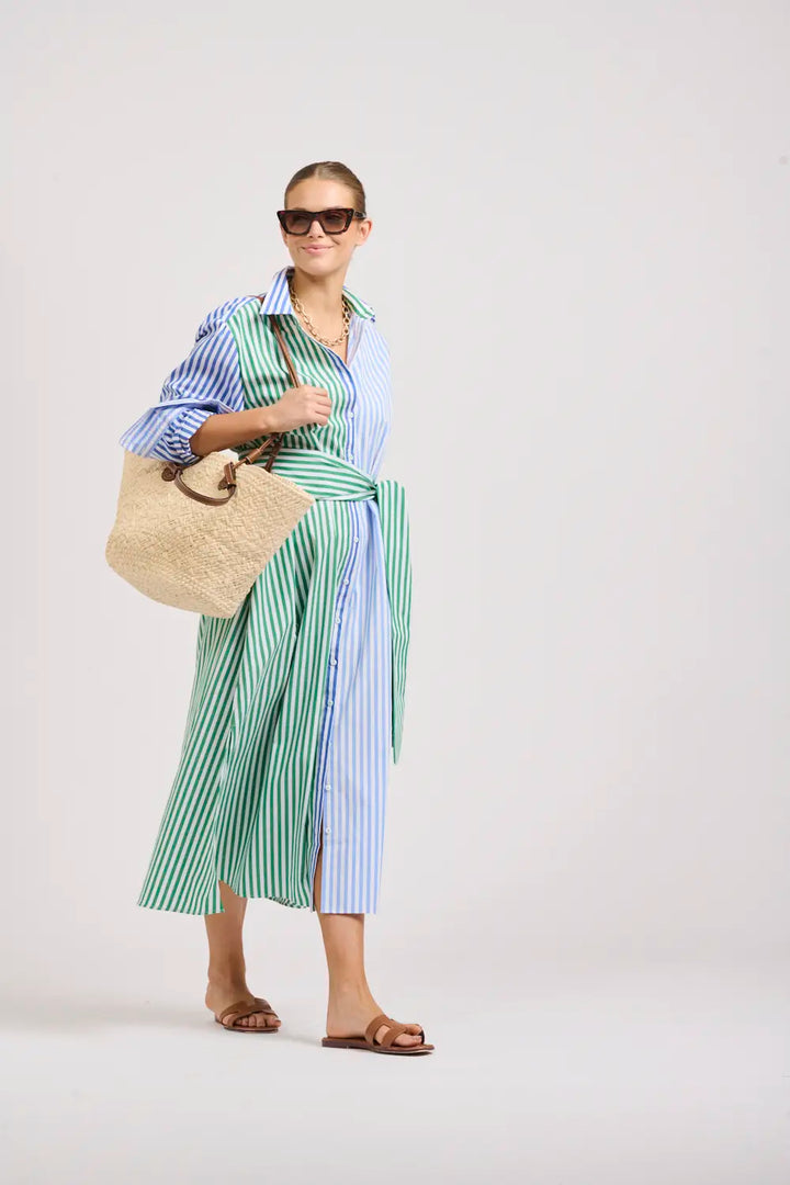 The Luna Oversized Long Shirtdress - Blue/Green Stripe Combo