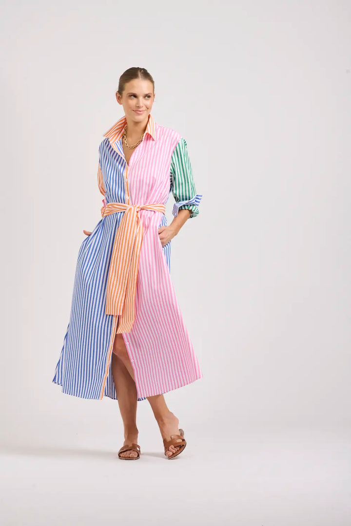 The Luna Oversized Long Shirtdress - Bright Stripe Combo