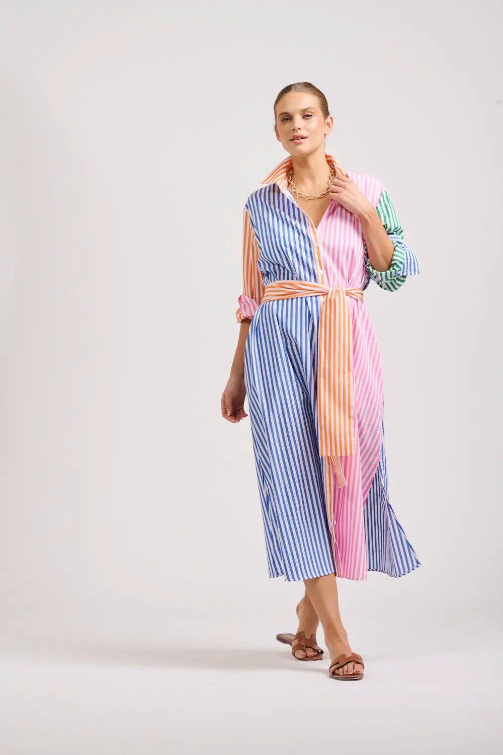 The Luna Oversized Long Shirtdress - Bright Stripe Combo