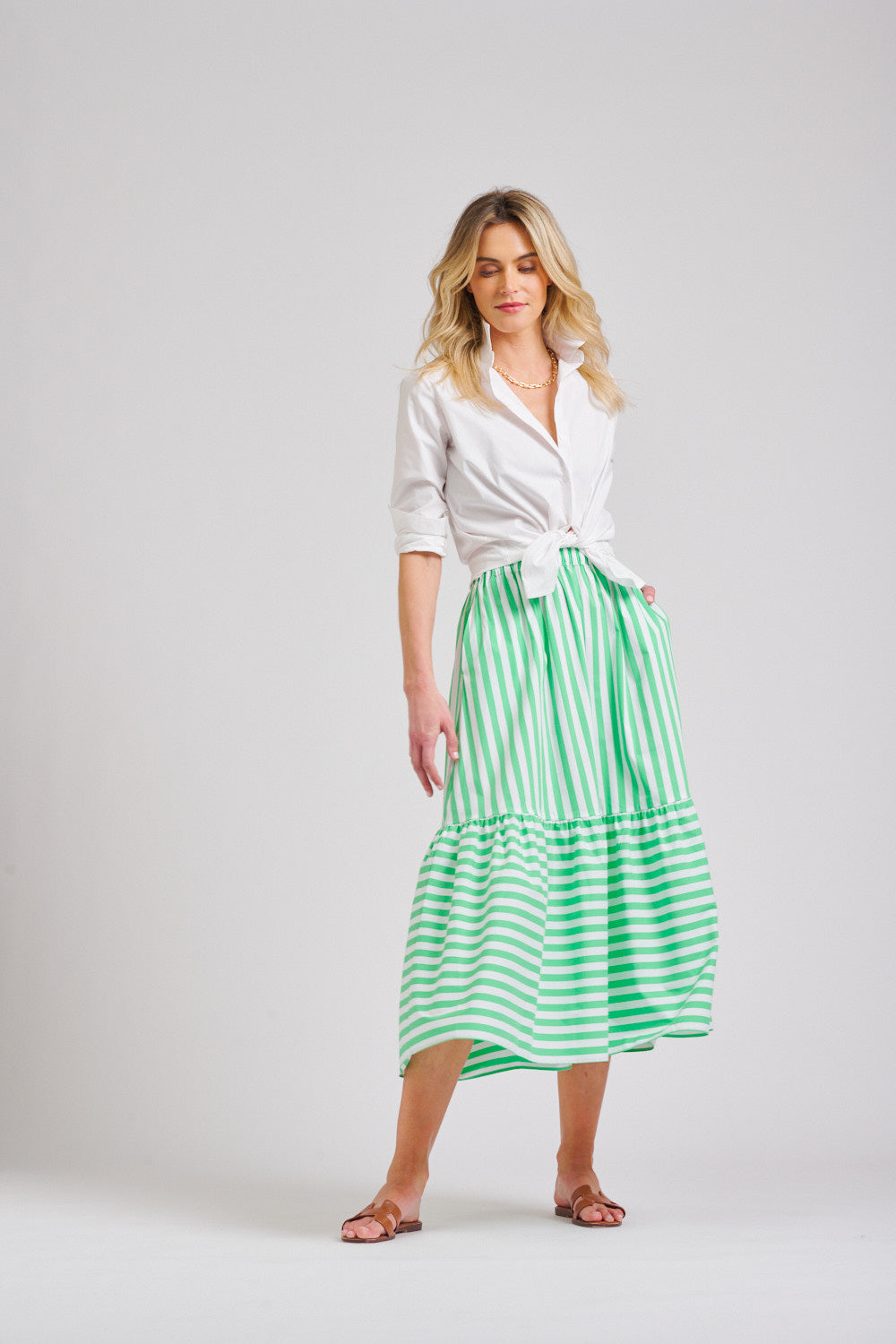 The Nina Elasticised Skirt - Green/White