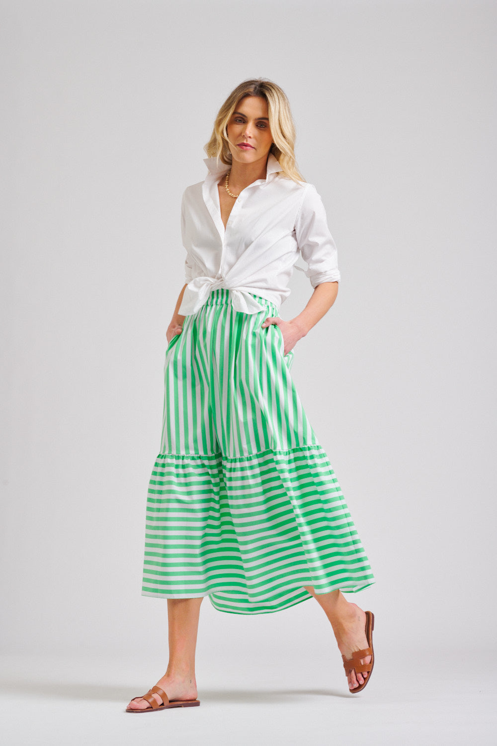 The Nina Elasticised Skirt - Green/White