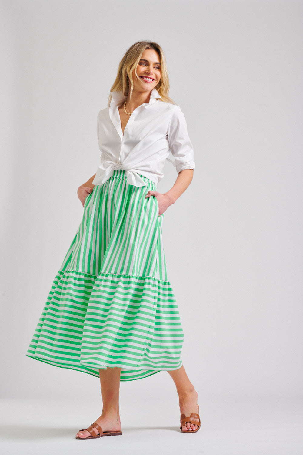 The Nina Elasticised Skirt - Green/White