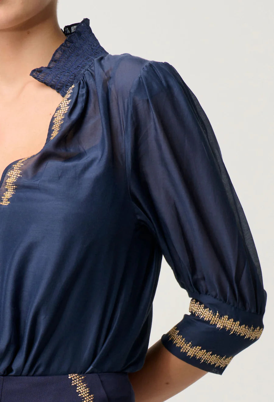 Mustique Cotton Silk Embroidered Blouse - Ink