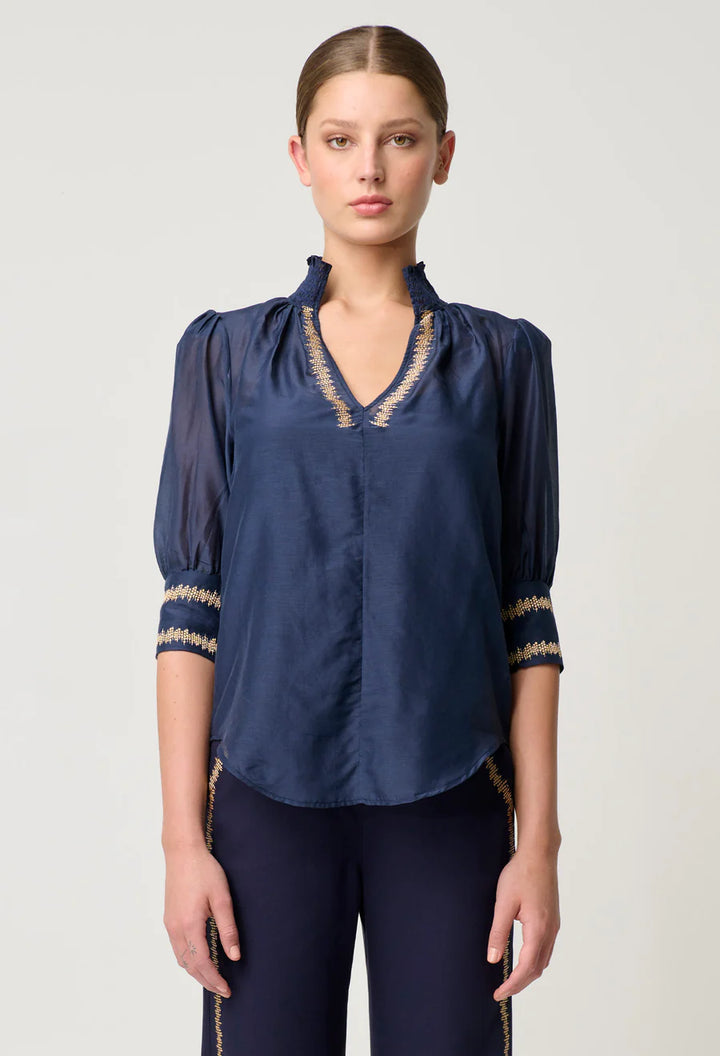 Mustique Cotton Silk Embroidered Blouse - Ink