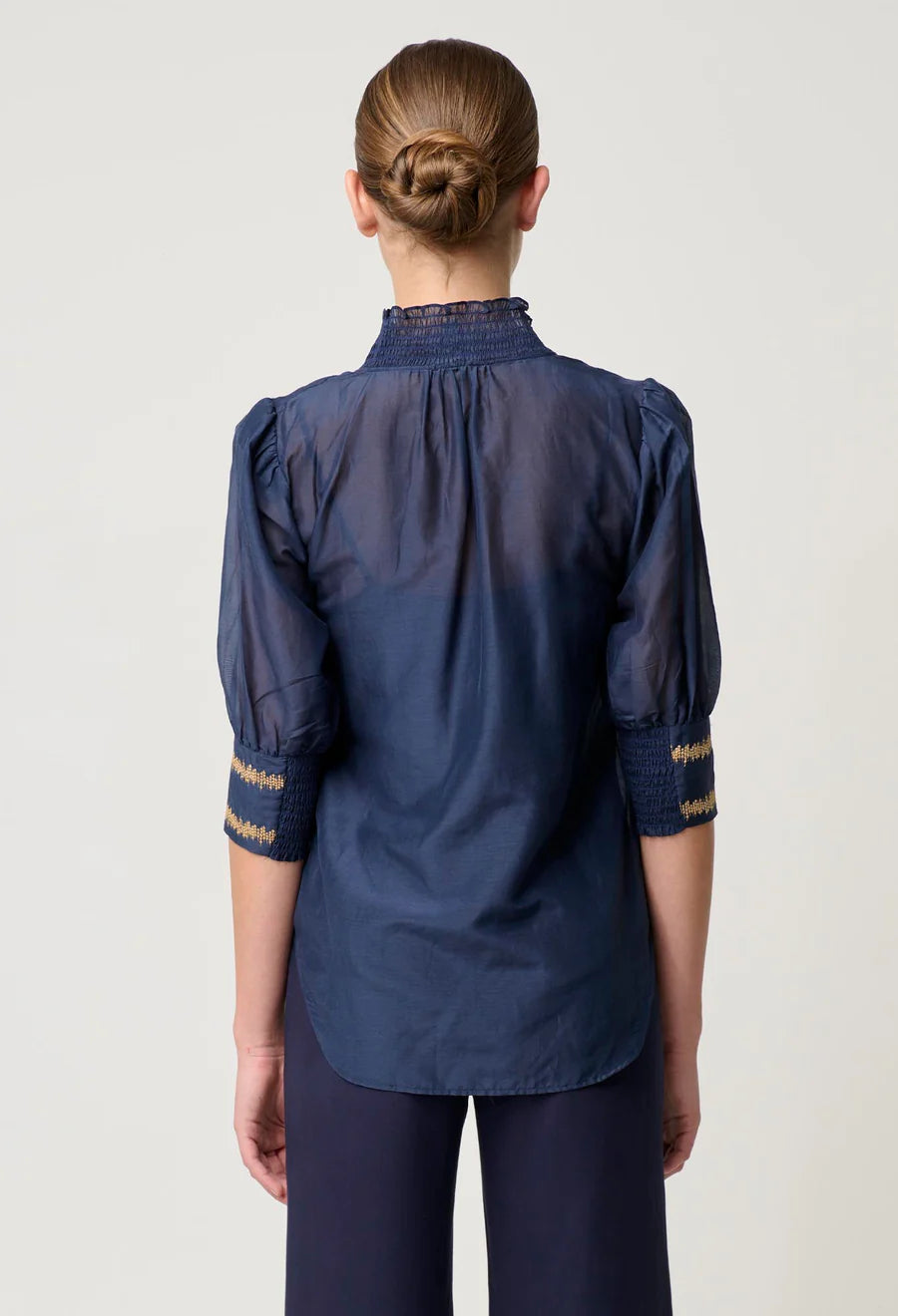 Mustique Cotton Silk Embroidered Blouse - Ink