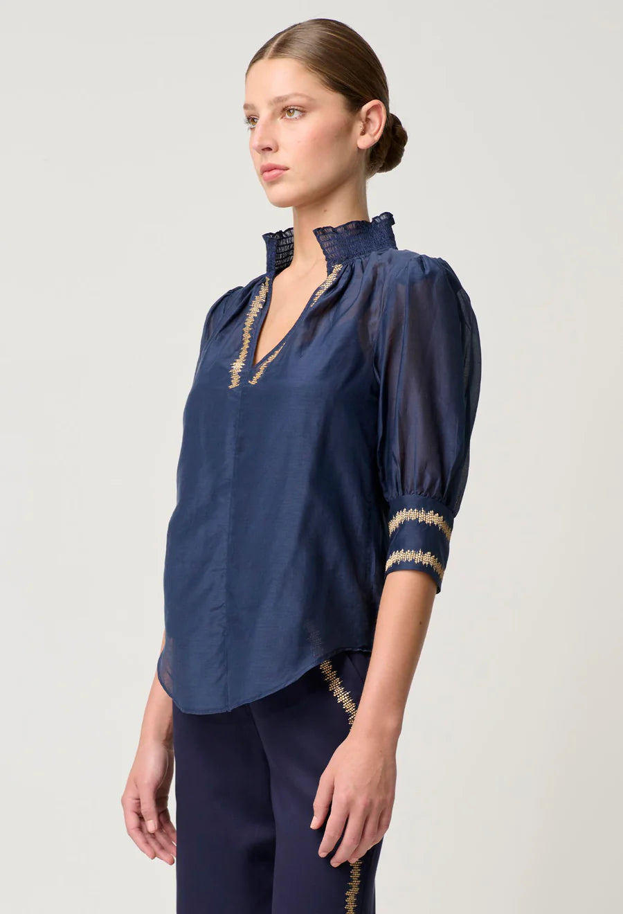 Mustique Cotton Silk Embroidered Blouse - Ink