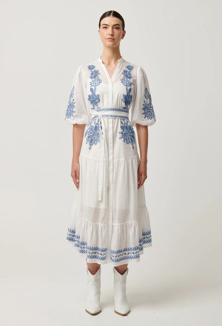 Gabriette Embroidered Cotton Slub Dress - Milk