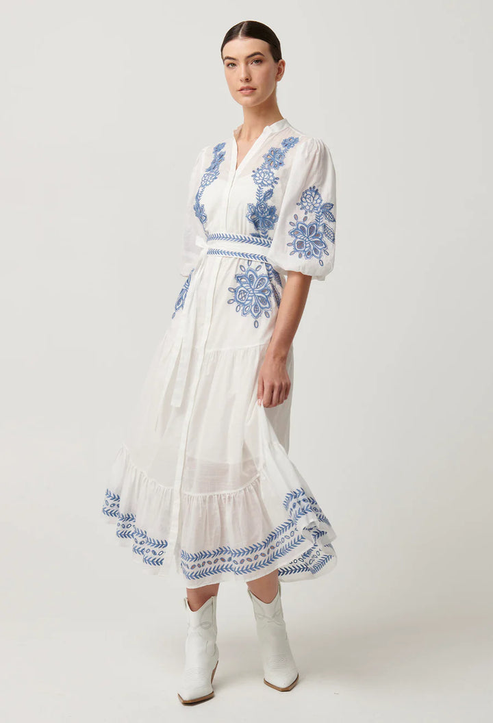 Gabriette Embroidered Cotton Slub Dress - Milk