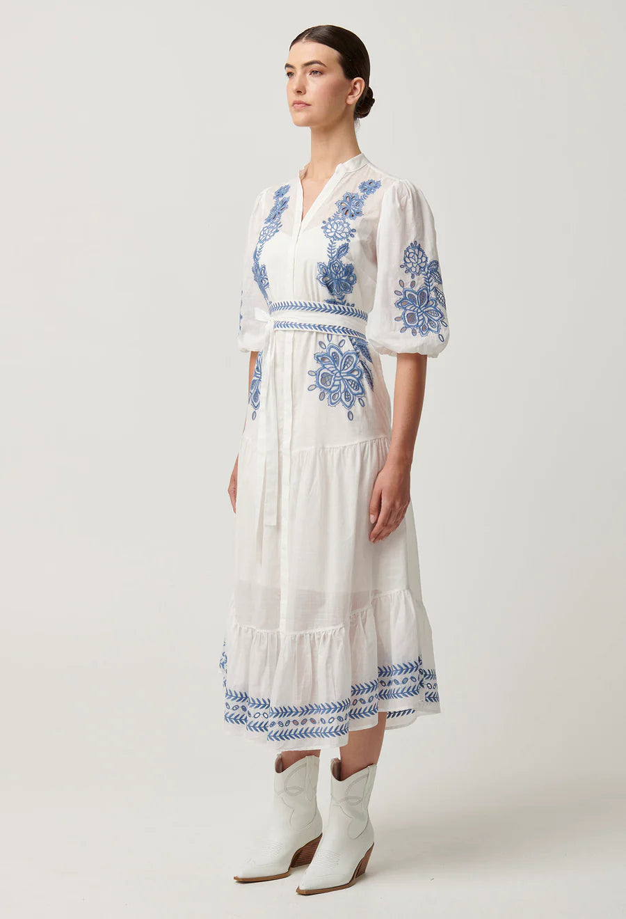 Gabriette Embroidered Cotton Slub Dress - Milk