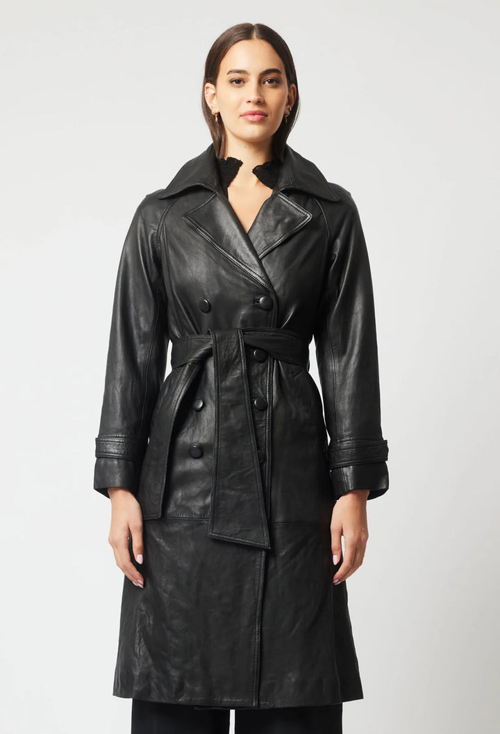 Astra Leather Trench Coat - Black