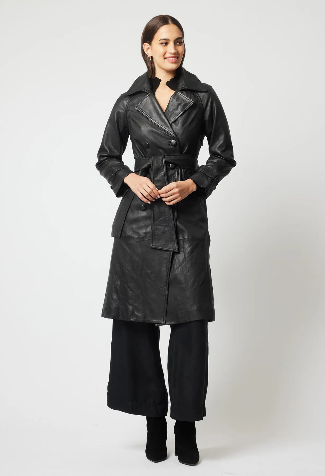 Astra Leather Trench Coat - Black