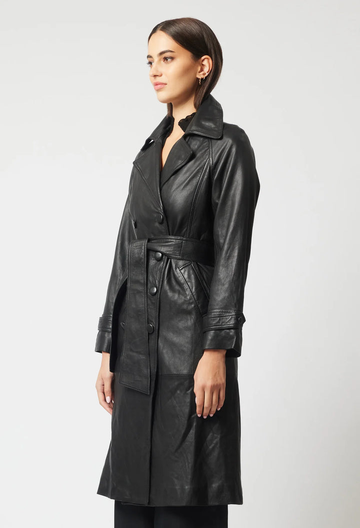 Astra Leather Trench Coat - Black