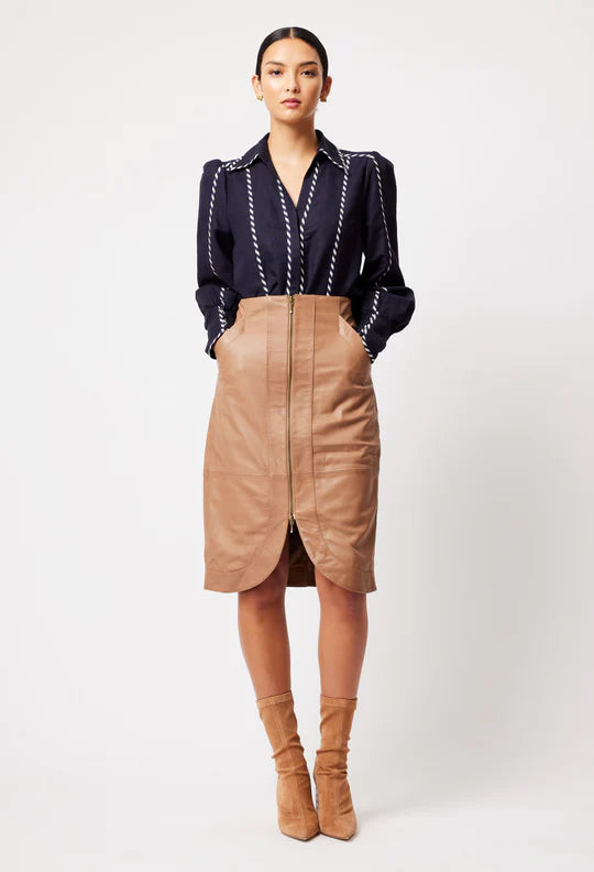 Stella Curved Hem Leather Skirt - Husk