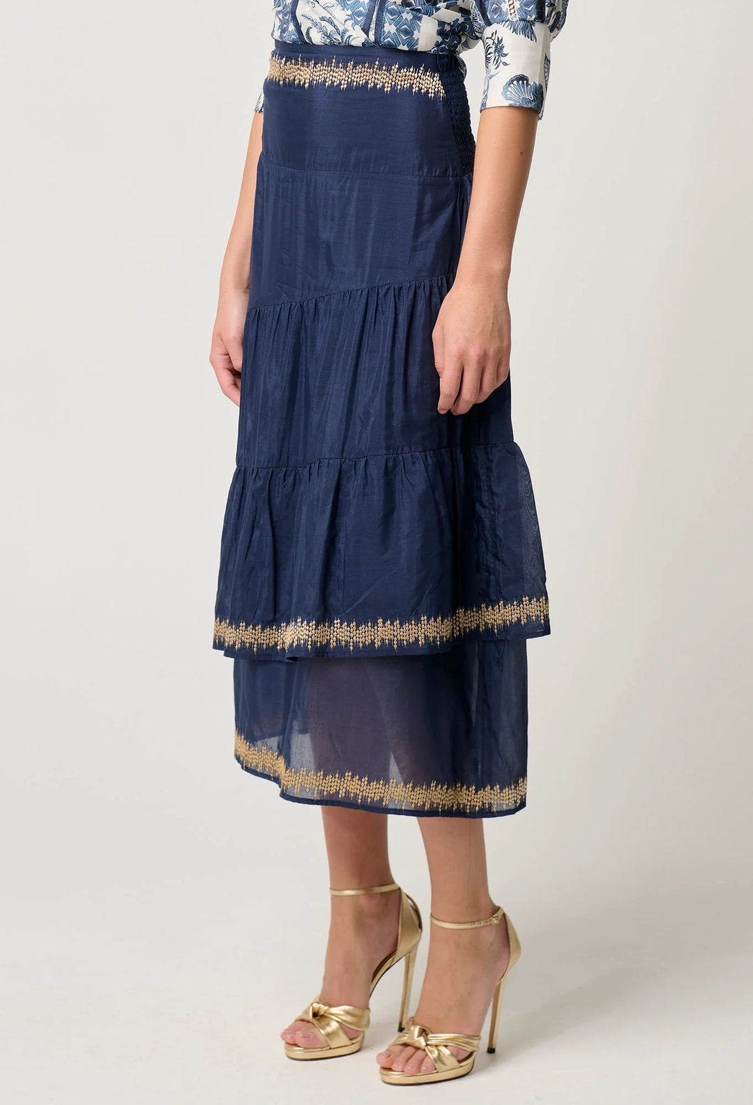 Mustique Cotton Silk Embroidered Skirt - Ink