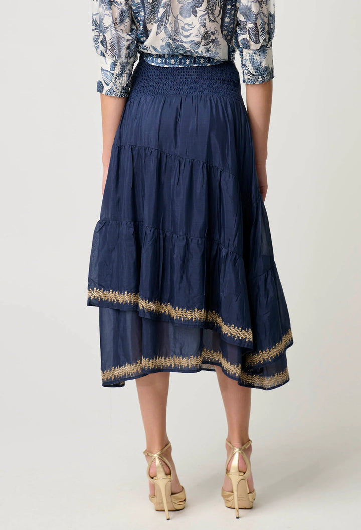 Mustique Cotton Silk Embroidered Skirt - Ink