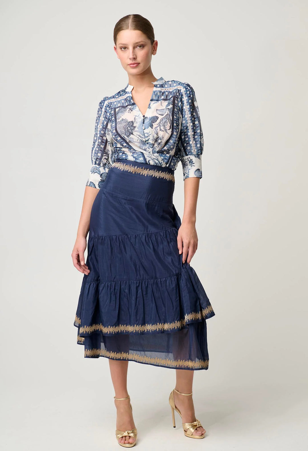 Mustique Cotton Silk Embroidered Skirt - Ink