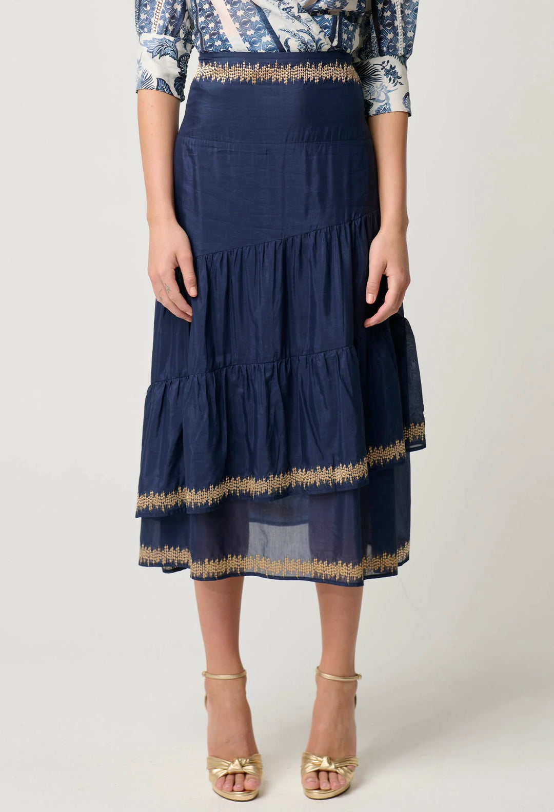 Mustique Cotton Silk Embroidered Skirt - Ink