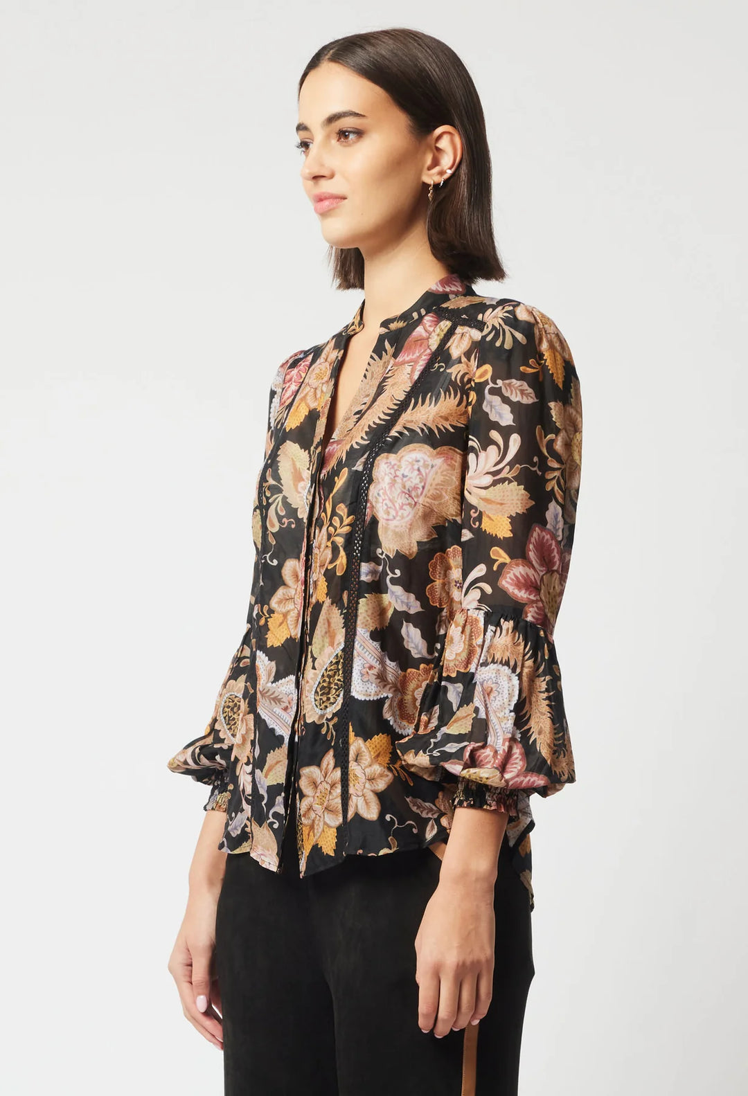 Empress Cotton Silk Shirred Cuff Shirt - Dragon Flower