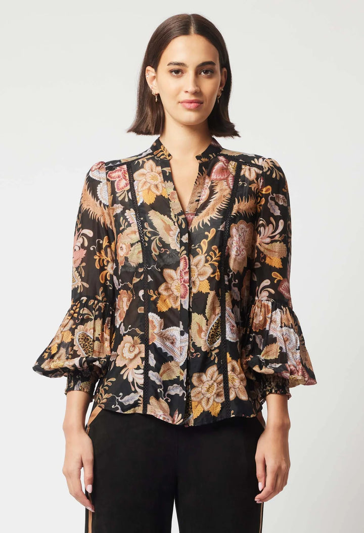 Empress Cotton Silk Shirred Cuff Shirt - Dragon Flower