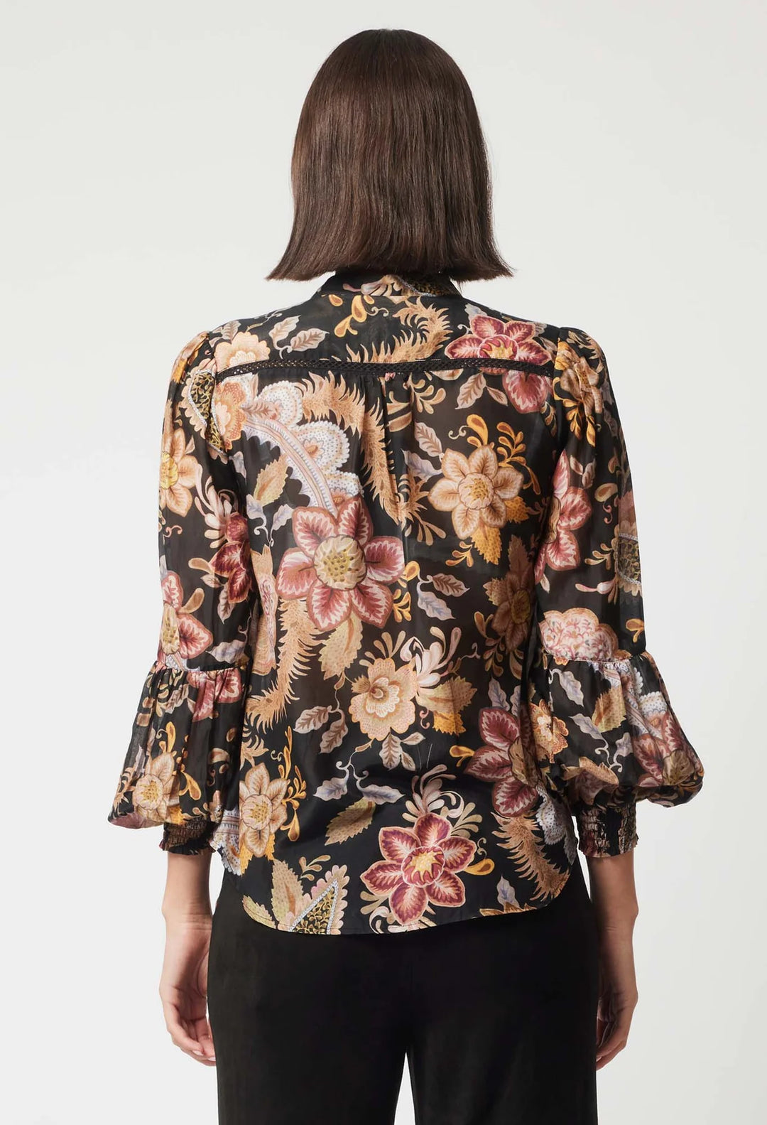 Empress Cotton Silk Shirred Cuff Shirt - Dragon Flower