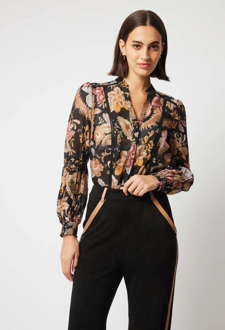 Empress Cotton Silk Shirred Cuff Shirt - Dragon Flower