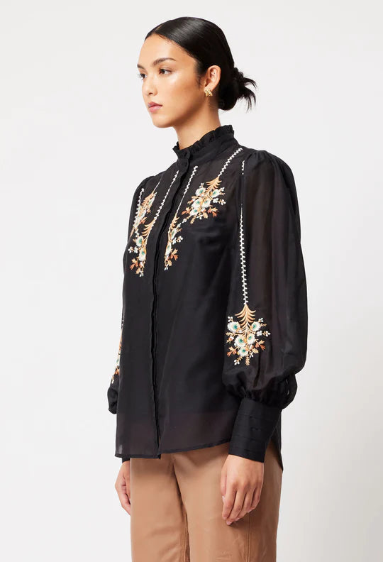 Florence Embroidered Button Shirt - Black