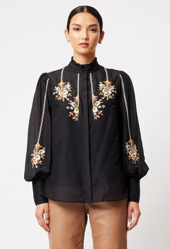 Florence Embroidered Button Shirt - Black