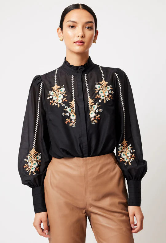 Florence Embroidered Button Shirt - Black