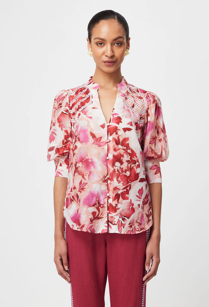 Sanibel Embroidered Cotton Silk Top in Flamingo Flower