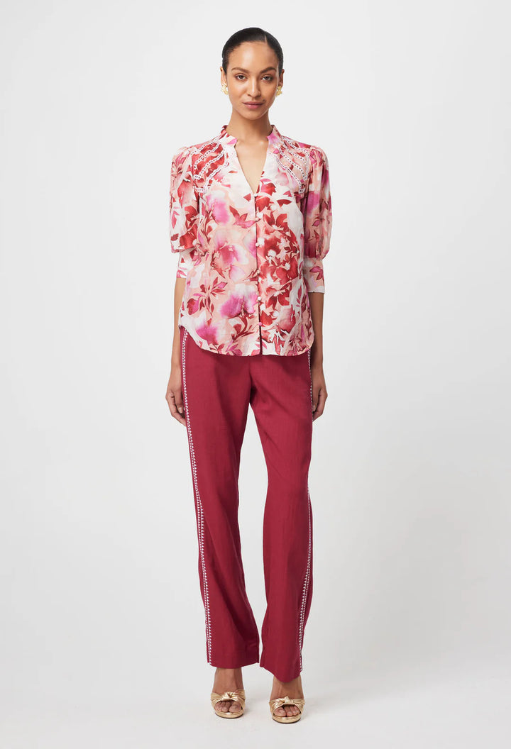 Sanibel Embroidered Cotton Silk Top in Flamingo Flower