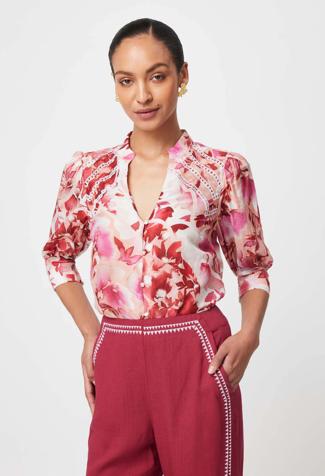 Sanibel Embroidered Cotton Silk Top in Flamingo Flower