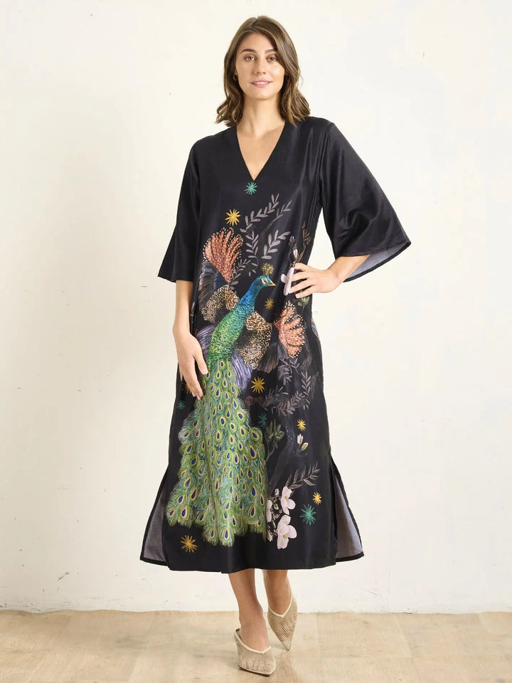 Silky Peacock Kaftan - Onyx