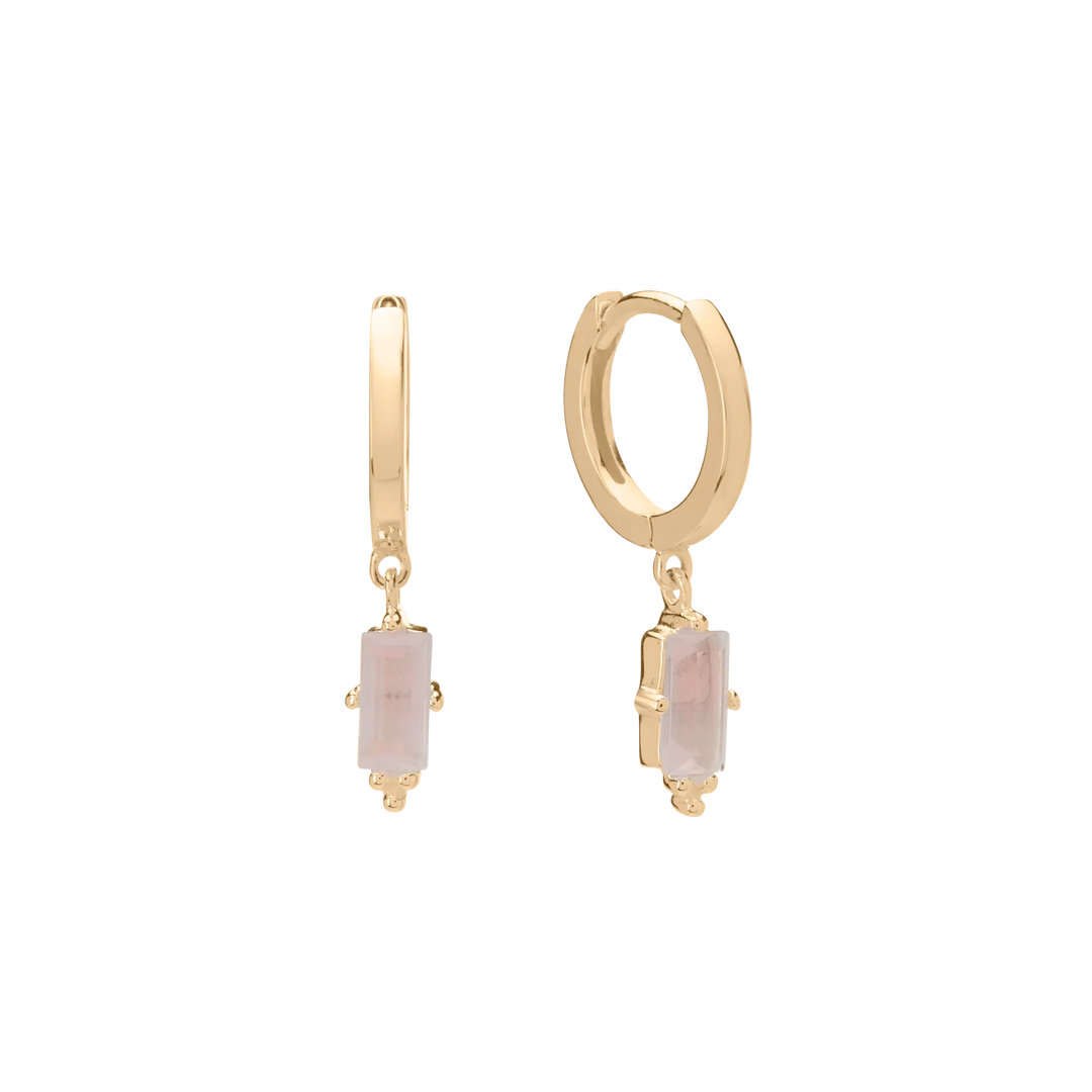 Huggie with Hanging Rose Quartz Baguette - 18KT Yellow Gold