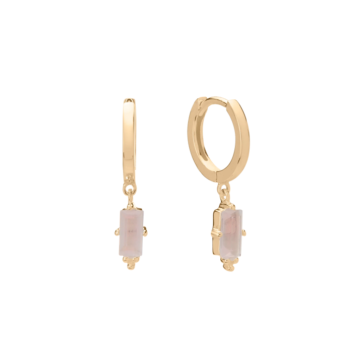 Huggie with Hanging Rose Quartz Baguette - 18KT Yellow Gold