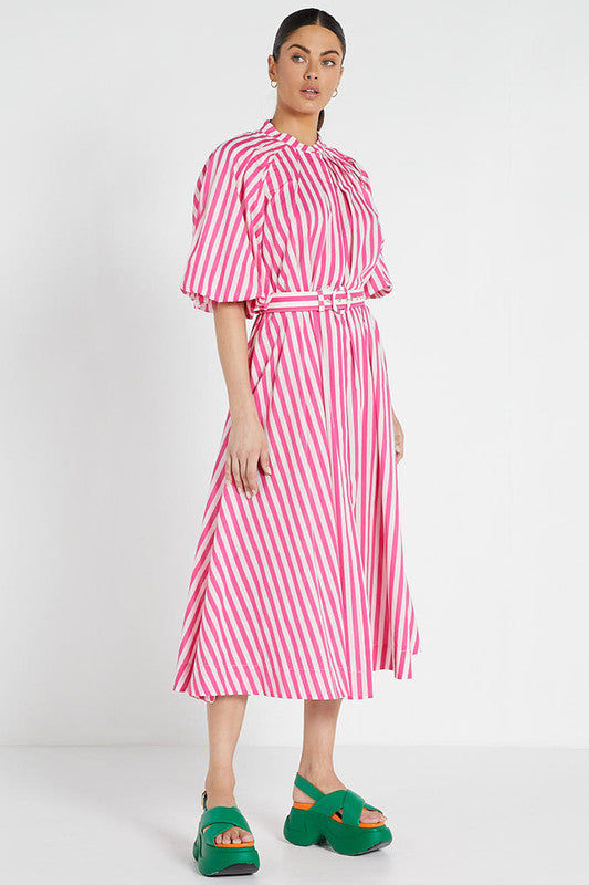 Pleated Neck Midi Dress - Pink White Stripe