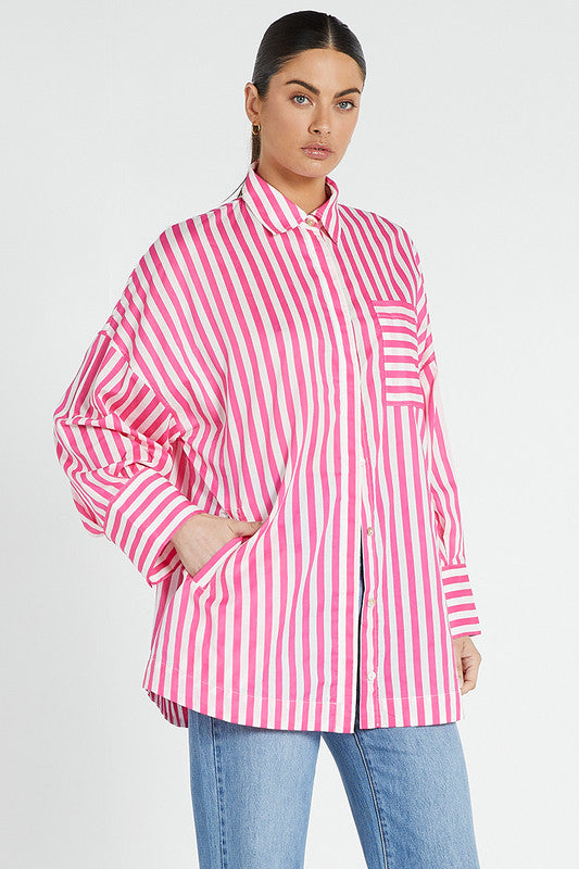 Oversized L/S Shirt - Pink White Stripe