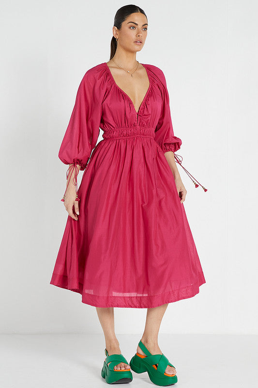 Deep V Midi Dress - Magenta