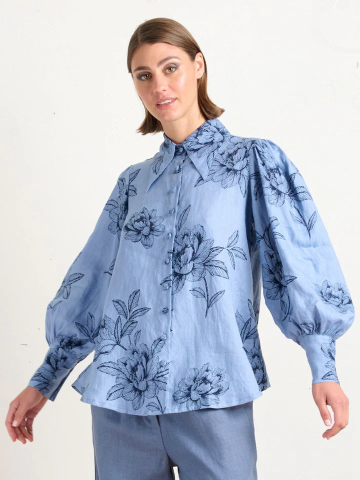 Pointed Collar Blouse - Peonies Blue