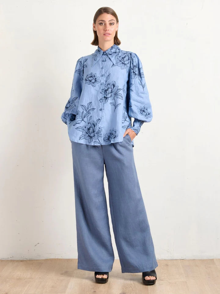 Pointed Collar Blouse - Peonies Blue