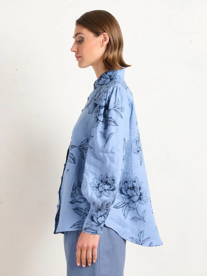 Pointed Collar Blouse - Peonies Blue