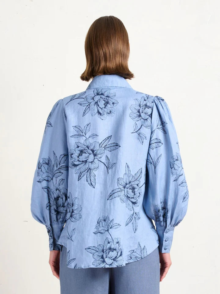 Pointed Collar Blouse - Peonies Blue