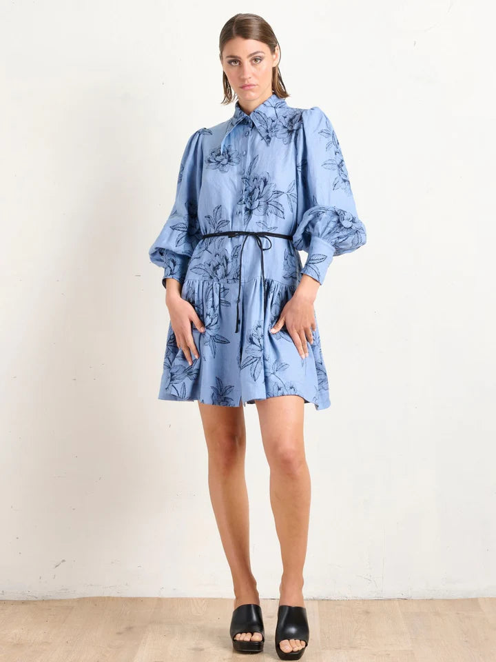 Pointed Collar Mini Dress - Peonies Blue