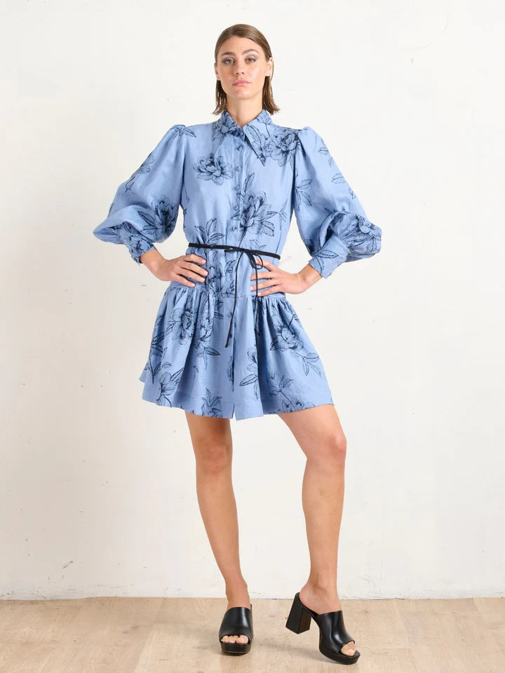 Pointed Collar Mini Dress - Peonies Blue