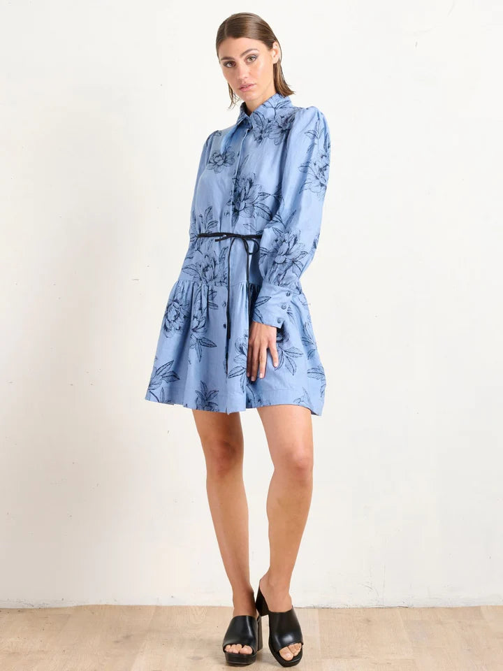 Pointed Collar Mini Dress - Peonies Blue