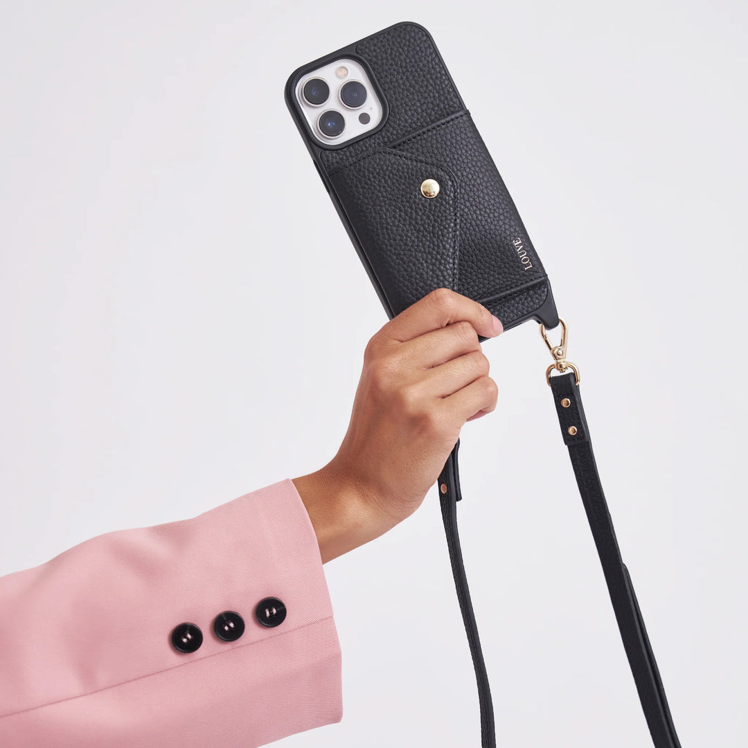 Zoë Black Leather Phone Case & Crossbody Strap