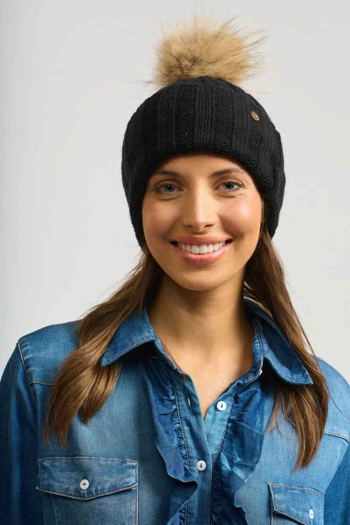 Shirty Fur Pom Pom Beanie - Black