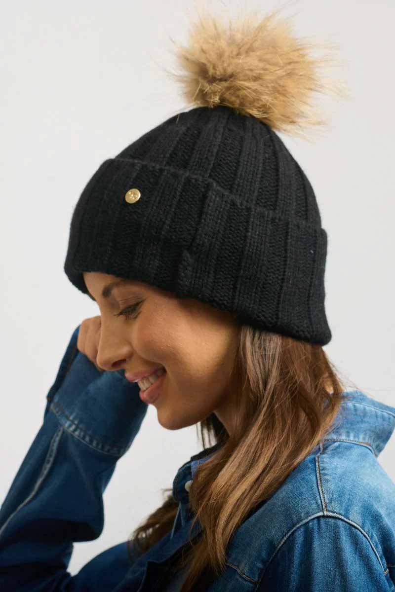 Shirty Fur Pom Pom Beanie - Black